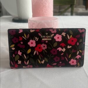 kate spade Floral Print Black Wallet with Pink & Red Flowers